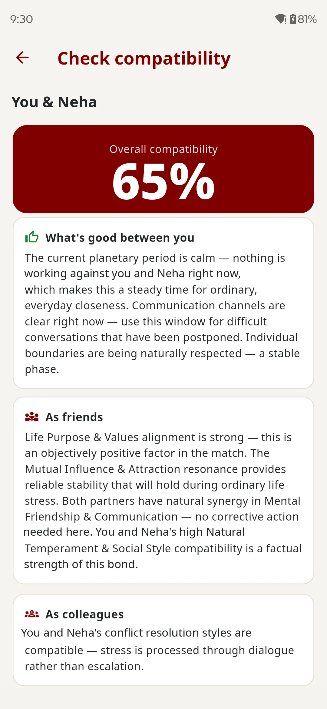 Kundli Milan compatibility check showing a 65% overall score with sections for what's good between you, as friends and as colleagues