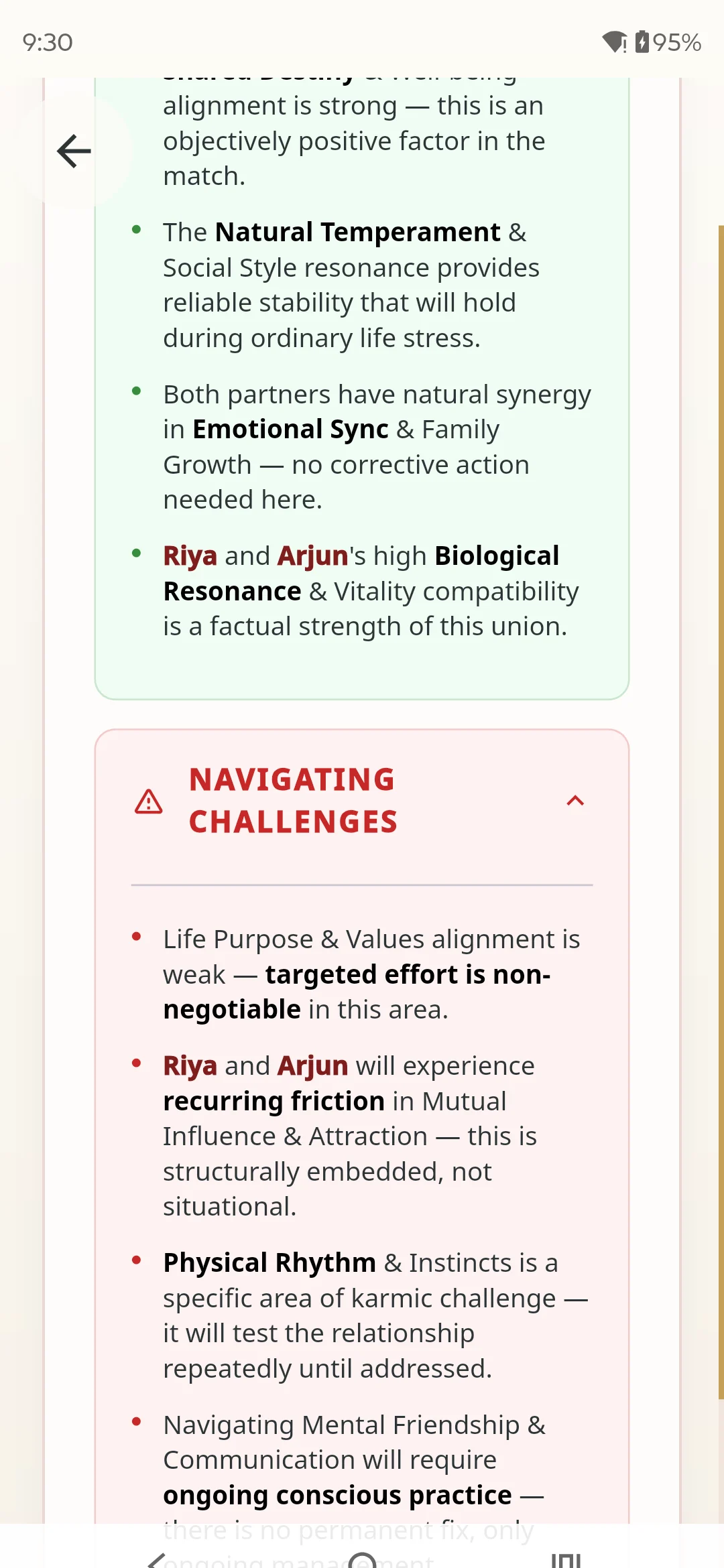 Kundli Milan report section titled Navigating Challenges for the sample couple Riya and Arjun