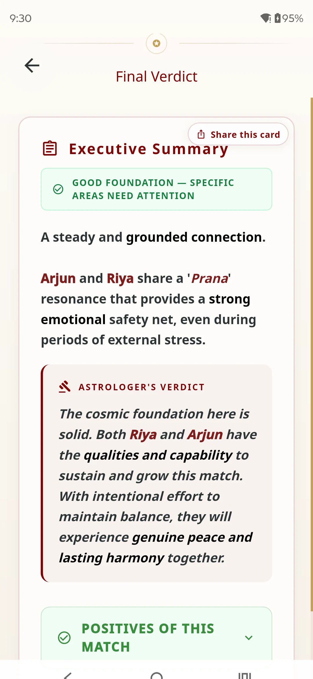 Kundli Milan Final Verdict screen with the Executive Summary and astrologer's verdict for the sample couple Riya and Arjun