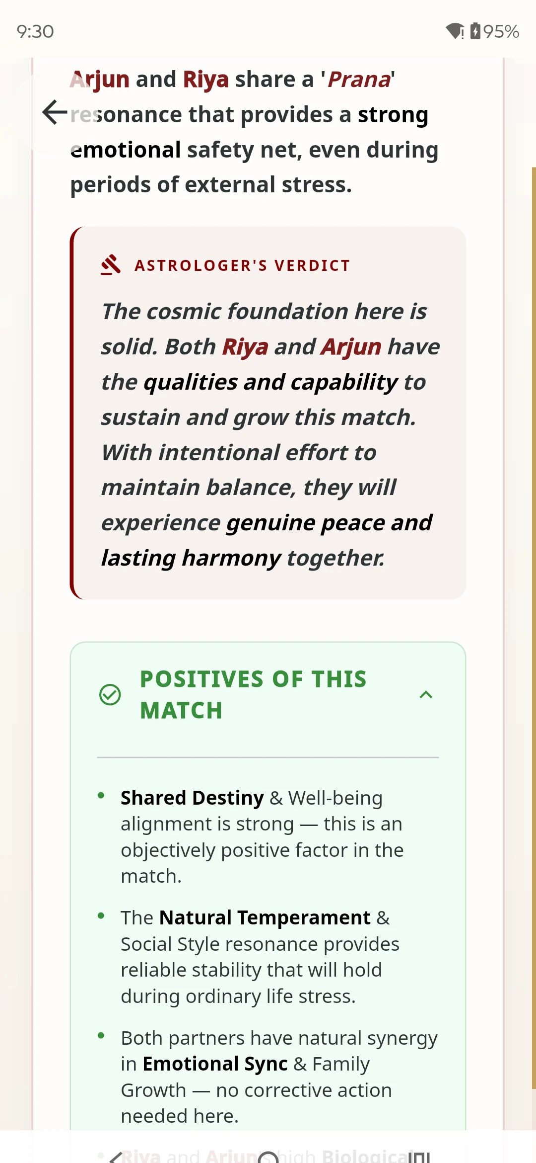 Kundli Milan report section listing the positives of the match for the sample couple Riya and Arjun