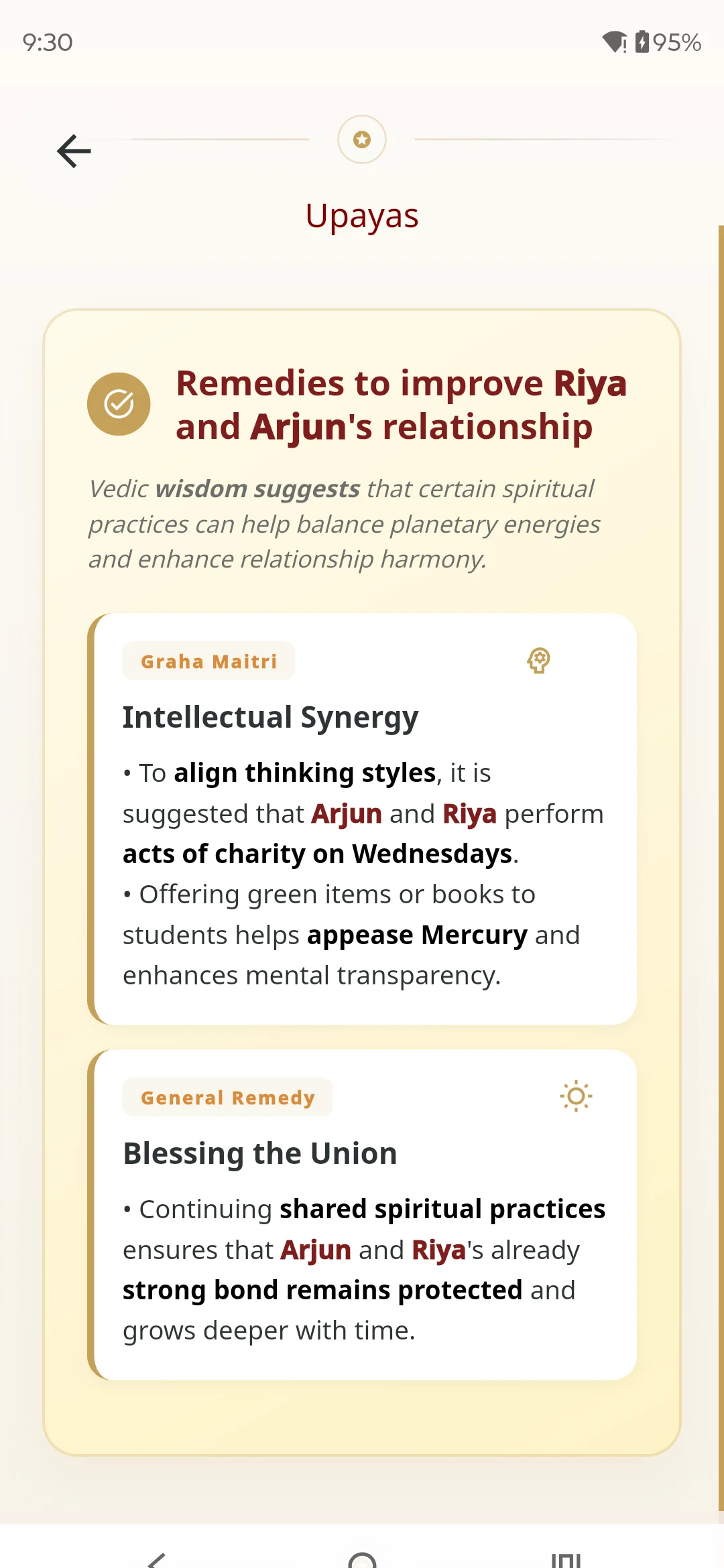 Kundli Milan Upayas section with remedies to improve the relationship for the sample couple Riya and Arjun