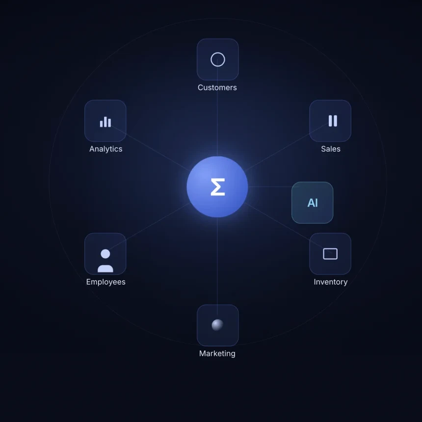 Sigma Manager hub connecting customers, sales, inventory, marketing, employees and analytics